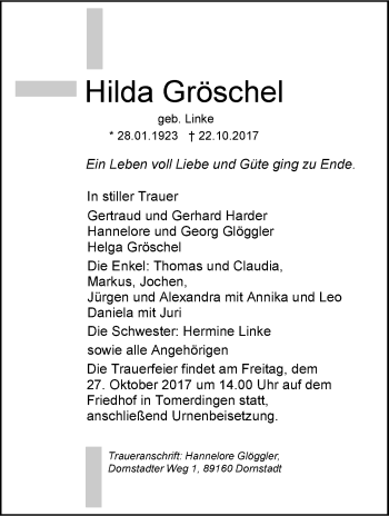 Traueranzeige von Hilda Gröschel von SÜDWEST PRESSE Ausgabe Ulm/Neu-Ulm