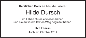 Traueranzeige von Hilde Dursch von SÜDWEST PRESSE Ausgabe Ulm/Neu-Ulm