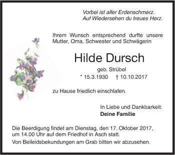 Traueranzeige von Hilde Dursch von SÜDWEST PRESSE Ausgabe Ulm/Neu-Ulm