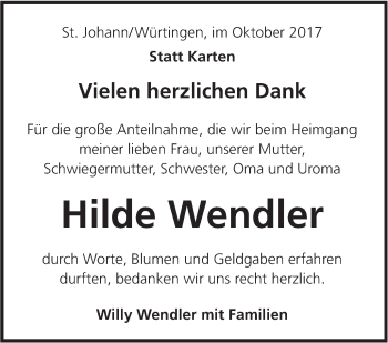 Traueranzeige von Hilde Wendler von Südwest Presse