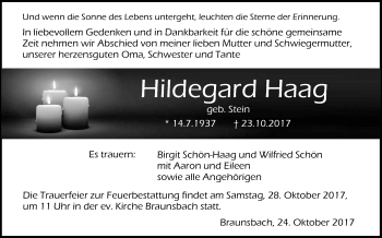 Traueranzeige von Hildegard Haag von Haller Tagblatt