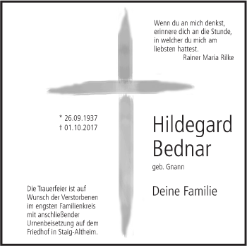 Traueranzeige von Hildegard bednar von Südwest Presse