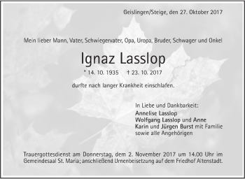 Traueranzeige von Ignaz Lasslop von Geislinger Zeitung