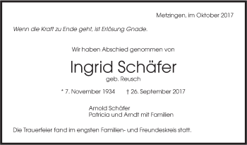 Traueranzeige von Ingrid Schäfer von SÜDWEST PRESSE