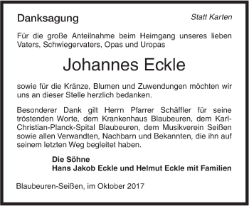 Traueranzeige von Johannes Eckle von SÜDWEST PRESSE Ausgabe Ulm/Neu-Ulm