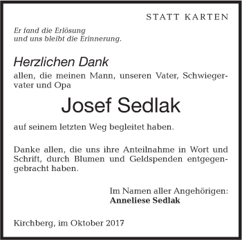 Traueranzeige von Josef Sedlak von SÜDWEST PRESSE