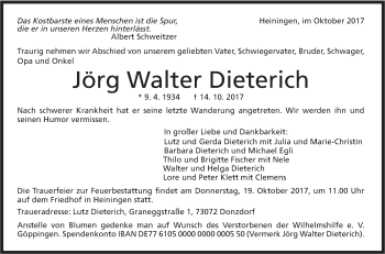 Traueranzeige von Jörg Walter Dieterich von NWZ Neue Württembergische Zeitung
