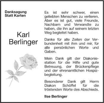 Traueranzeige von Karl Berlinger von NWZ Neue Württembergische Zeitung