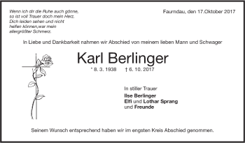 Traueranzeige von Karl Berlinger von NWZ Neue Württembergische Zeitung