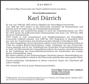 Traueranzeige von Karl Dürrich von Rundschau