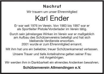 Traueranzeige von Karl Ender von Ehinger Tagblatt