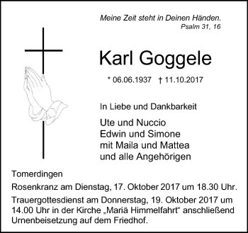 Traueranzeige von Karl Goggele von SÜDWEST PRESSE Ausgabe Ulm/Neu-Ulm