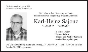 Traueranzeige von Karl-Heinz Sajonz von Haller Tagblatt