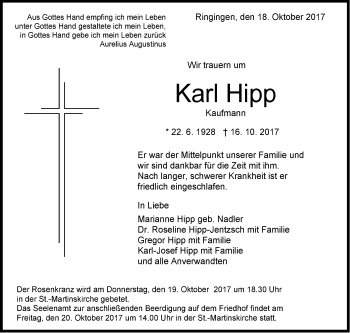 Traueranzeige von Karl Hipp von Hohenzollerische Zeitung