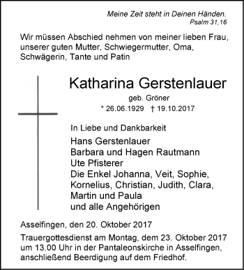 Traueranzeige von Katharina Gerstenlauer von SÜDWEST PRESSE Ausgabe Ulm/Neu-Ulm