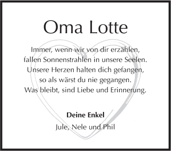 Traueranzeige von Lotte  von Hohenloher Tagblatt