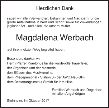 Traueranzeige von Magdalena Werbach von Südwest Presse