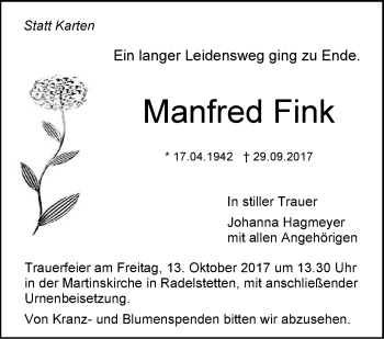 Traueranzeige von Manfred Fink von SÜDWEST PRESSE Ausgabe Ulm/Neu-Ulm