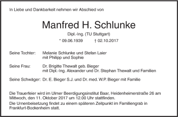 Traueranzeige von Manfred. Schlunke von Südwest Presse