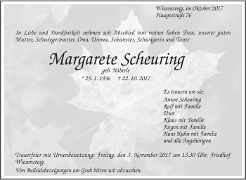 Traueranzeige von Margarete Scheuring von Geislinger Zeitung