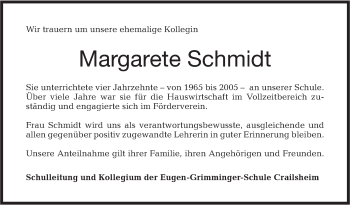 Traueranzeige von Margarete Schmidt von Hohenloher Tagblatt