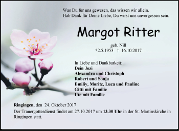 Traueranzeige von Margot Ritter von Hohenzollerische Zeitung