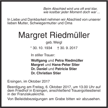 Traueranzeige von Margret Riedmüller von Südwest Presse