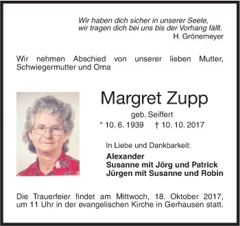 Traueranzeige von Margret Zupp von Südwest Presse