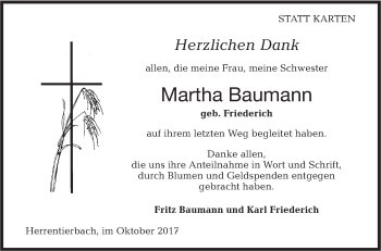 Traueranzeige von Martha Baumann von Hohenloher Tagblatt