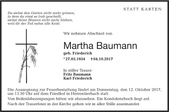 Traueranzeige von Martha Baumann von SÜDWEST PRESSE