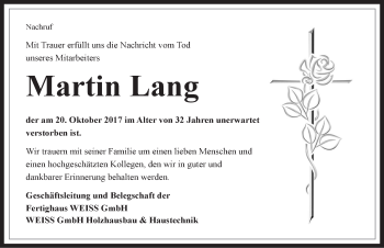 Traueranzeige von Martin Lang von Rundschau Gaildorf