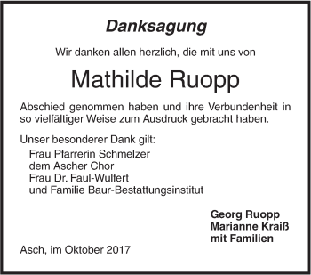 Traueranzeige von Mathilde Ruopp von Südwest Presse