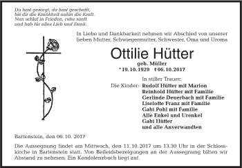 Traueranzeige von Ottilie Hütter von SÜDWEST PRESSE