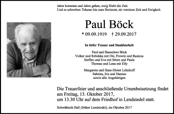 Traueranzeige von Paul Böck von Haller Tagblatt