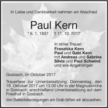 Traueranzeige von Paul Kern von Geislinger Zeitung