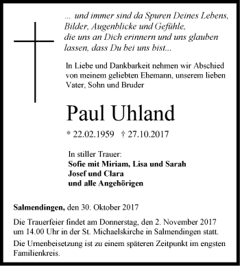 Traueranzeige von Paul Uhland von Hohenzollerische Zeitung