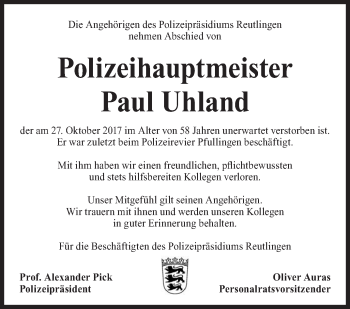 Traueranzeige von Paul Uhland von Hohenzollerische Zeitung