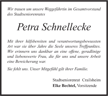 Traueranzeige von Petra Schnellecke von Hohenloher Tagblatt