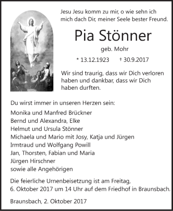 Traueranzeige von Pia Stönner von Haller Tagblatt