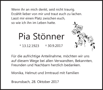 Traueranzeige von Pia Stönner von Haller Tagblatt