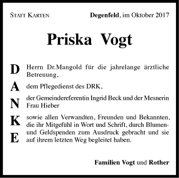 Traueranzeige von Priska Vogt von NWZ Neue Württembergische Zeitung