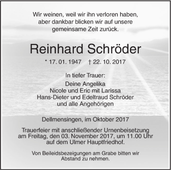 Traueranzeige von Reinhard Schröder von SÜDWEST PRESSE Ausgabe Ulm/Neu-Ulm