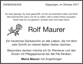 Traueranzeige von Rolf Maurer von NWZ Neue Württembergische Zeitung