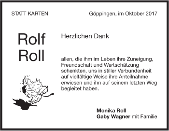 Traueranzeige von Rolf Roll von NWZ Neue Württembergische Zeitung