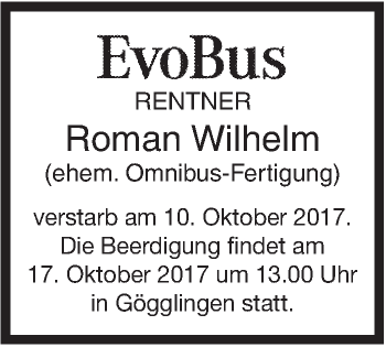 Traueranzeige von Roman Wilhelm von SÜDWEST PRESSE Ausgabe Ulm/Neu-Ulm