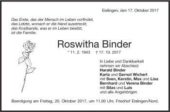 Traueranzeige von Roswitha Binder von NWZ Neue Württembergische Zeitung