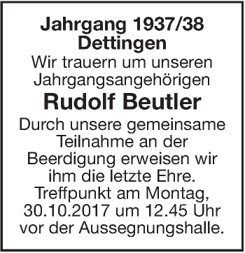 Traueranzeige von Rudolf Beutler von SÜDWEST PRESSE