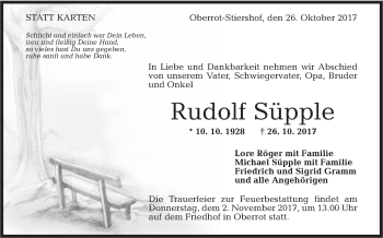 Traueranzeige von Rudolf Süpple von Rundschau Gaildorf