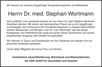 Traueranzeige von Stephan Wortmann von SÜDWEST PRESSE Ausgabe Ulm/Neu-Ulm