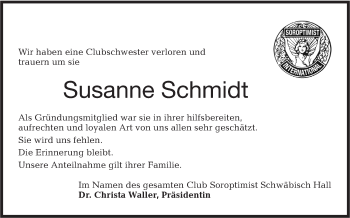 Traueranzeige von Susanne Schmidt von Haller Tagblatt